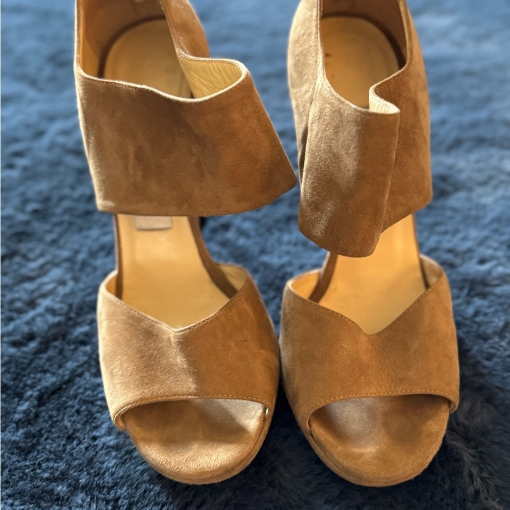 Jimmy Choo Tan Wedge Sandals with Chunky Straps